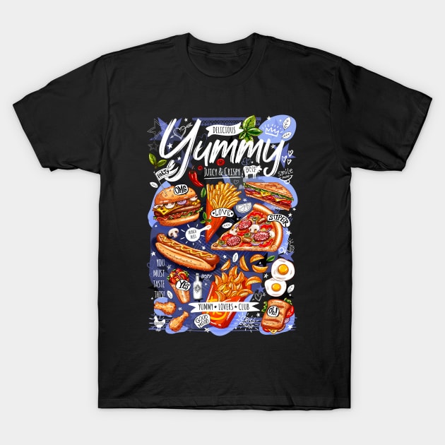 Food, yummy, print, burger, pizza, sandwich, roll, chicken T-Shirt by Iraida Bearlala